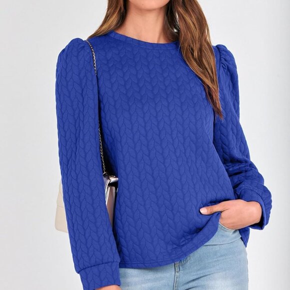 Women's Puff Sleeve Sweatshirts 2024 Fall Fashion Casual Crewneck Solid Twist Te - Picture 6 of 6